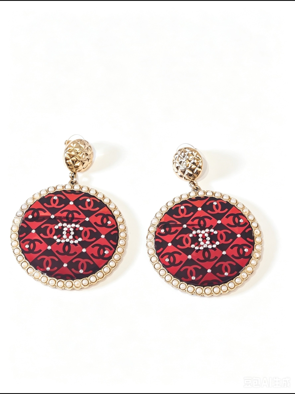 Chanel round CC logo pearl border drop earrings